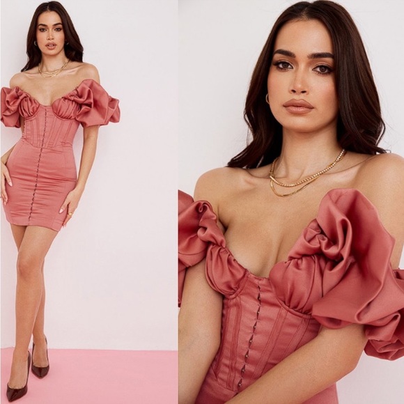 HOUSE OF CB 'Annabelle' Rose Satin Ruffle Strapless Dress - Picture 2 of 7